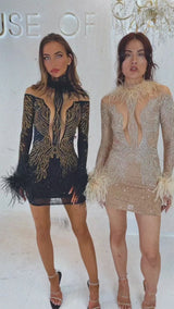 Party Moments Skin Tan Turtleneck Embellished & Adorned With Feathers Birthday Party Dress