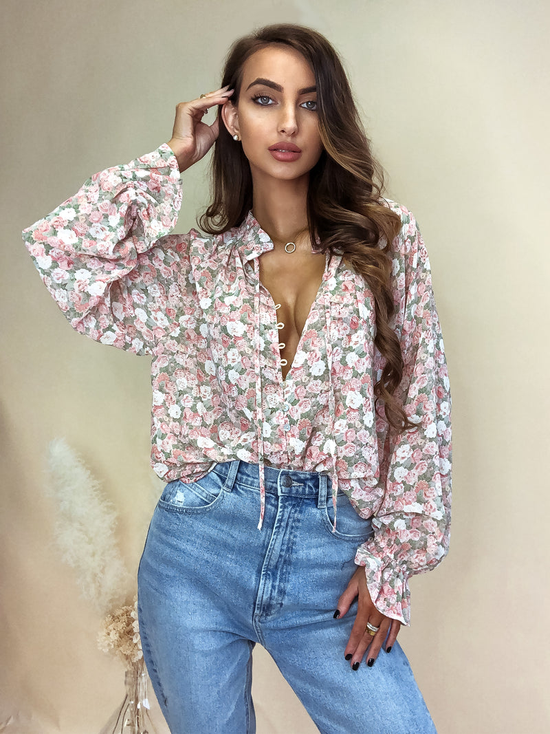 Flower Crush Vintage Floral High Neck Button-up Puffy Sleeves
