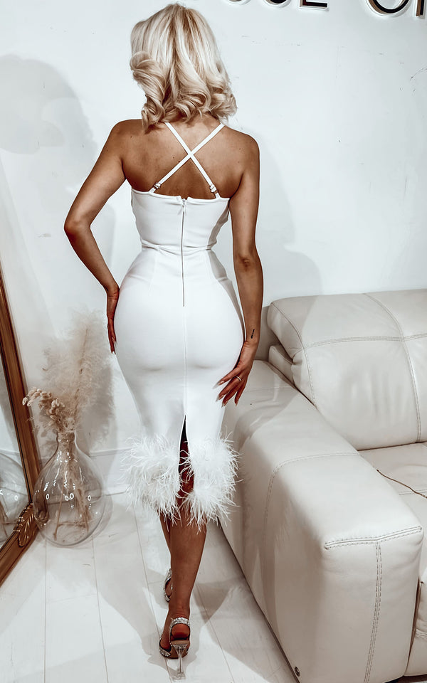 From the Altar to the After Party White Bandage Corset Dress With Feathers Hen Do Midi Dress