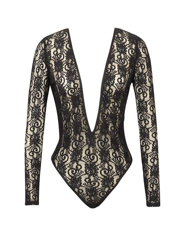 MALAKAPOUR BLACK DEEP PLUNGE MESH BODYSUIT