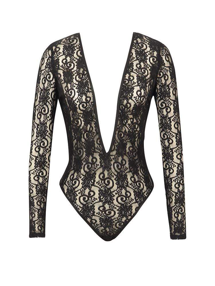 MALAKAPOUR BLACK DEEP PLUNGE MESH BODYSUIT
