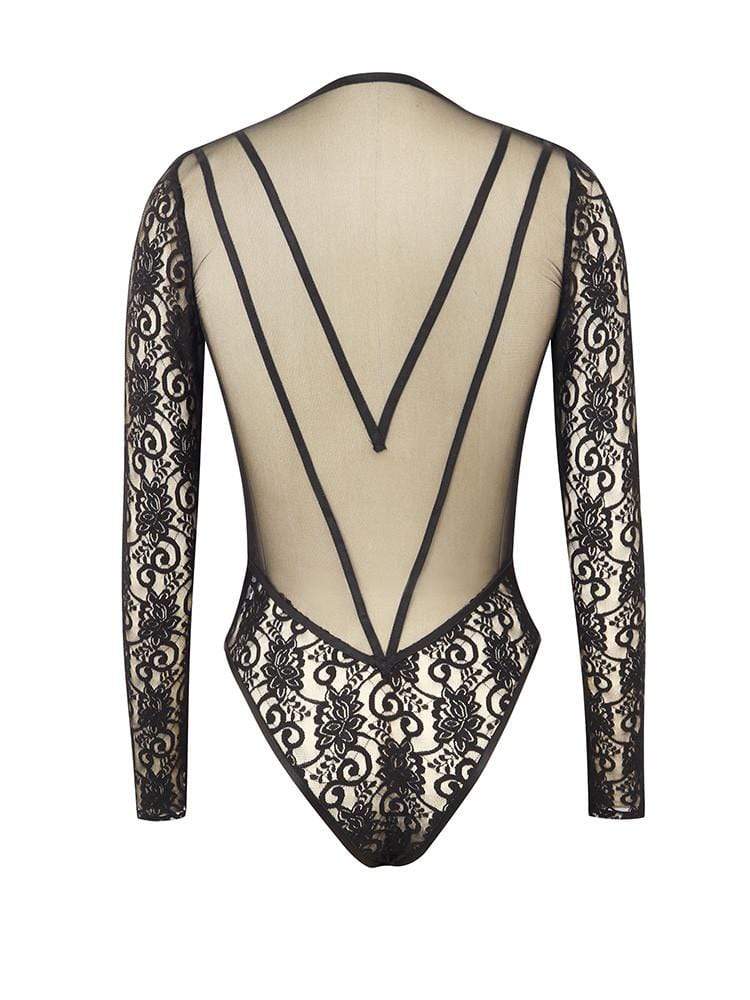 MALAKAPOUR BLACK DEEP PLUNGE MESH BODYSUIT