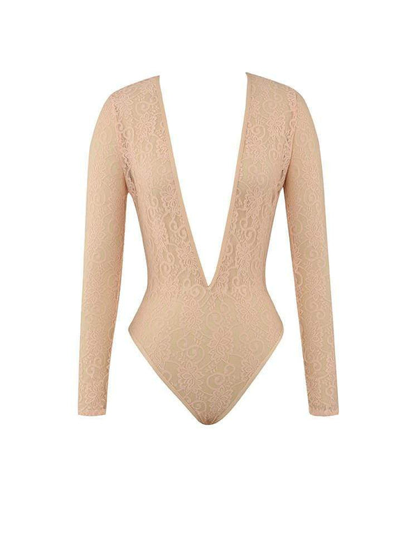 MALAKAPOUR BLUSH DEEP PLUNGE MESH BODYSUIT