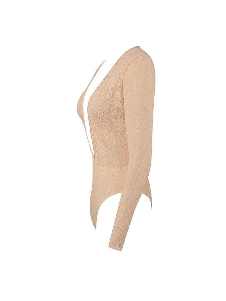 MALAKAPOUR BLUSH DEEP PLUNGE MESH BODYSUIT