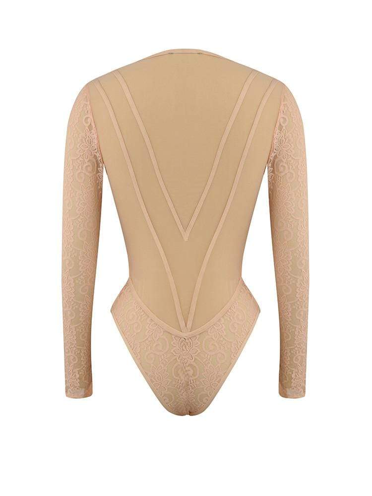 MALAKAPOUR BLUSH DEEP PLUNGE MESH BODYSUIT