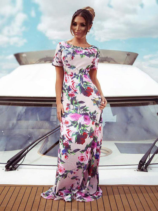 MARINA ROSE CHIFFON FLORAL PRINT & CRYSTALS MAXI DRESS