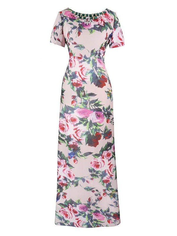 MARINA ROSE CHIFFON FLORAL PRINT & CRYSTALS MAXI DRESS