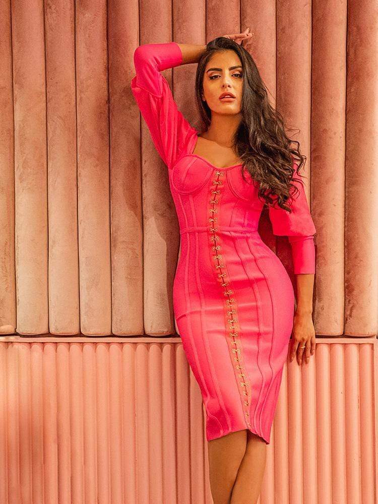 Melania Fuchsia Puff Sleeves Gold Hook & Eye Bandage Cocktail Midi Dress