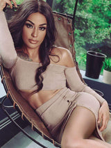 Kourt Latte Off The Shoulder Co-Ord Ribbed Skirt Set