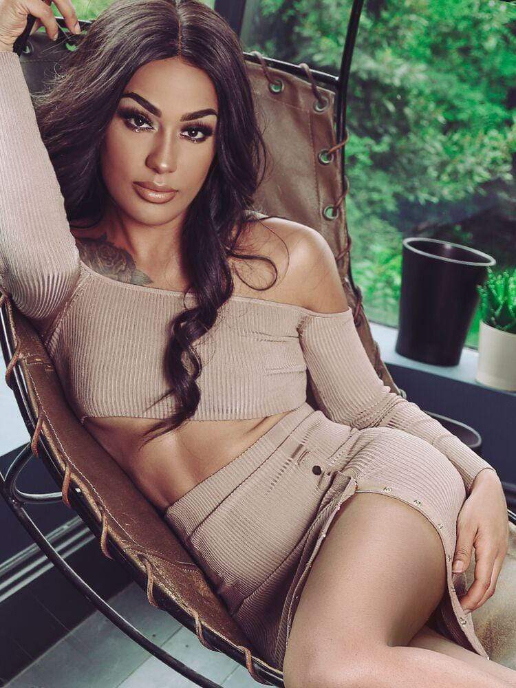 Kourt Latte Off The Shoulder Co-Ord Ribbed Skirt Set