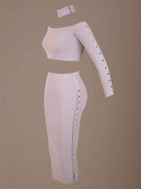 Kourt Latte Off The Shoulder Co-Ord Ribbed Skirt Set