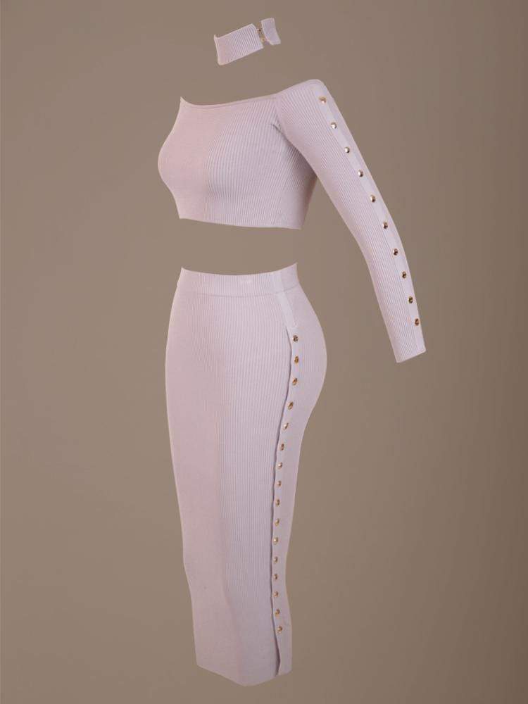 Kourt Latte Off The Shoulder Co-Ord Ribbed Skirt Set