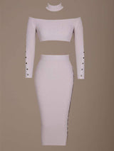 Kourt Latte Off The Shoulder Co-Ord Ribbed Skirt Set