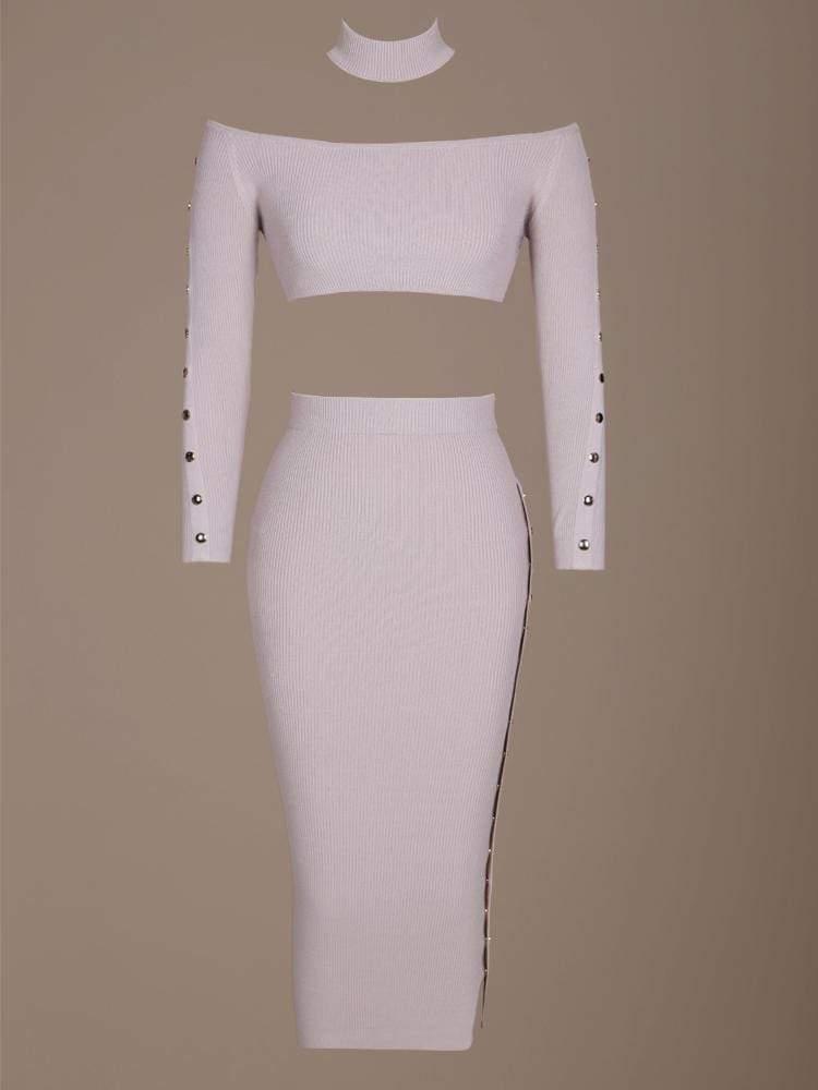 Kourt Latte Off The Shoulder Co-Ord Ribbed Skirt Set