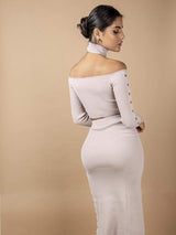 Kourt Latte Off The Shoulder Co-Ord Ribbed Skirt Set