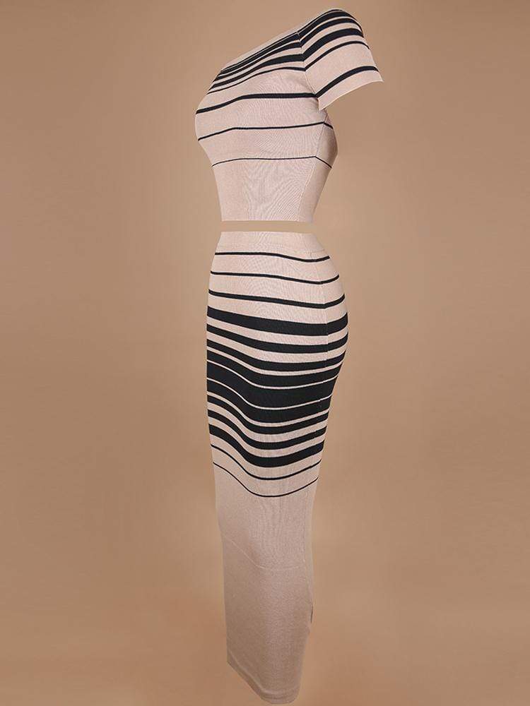 MACHIKA BLACK & LATTE STRIPED CO-ORD KNIT RIBBED SET