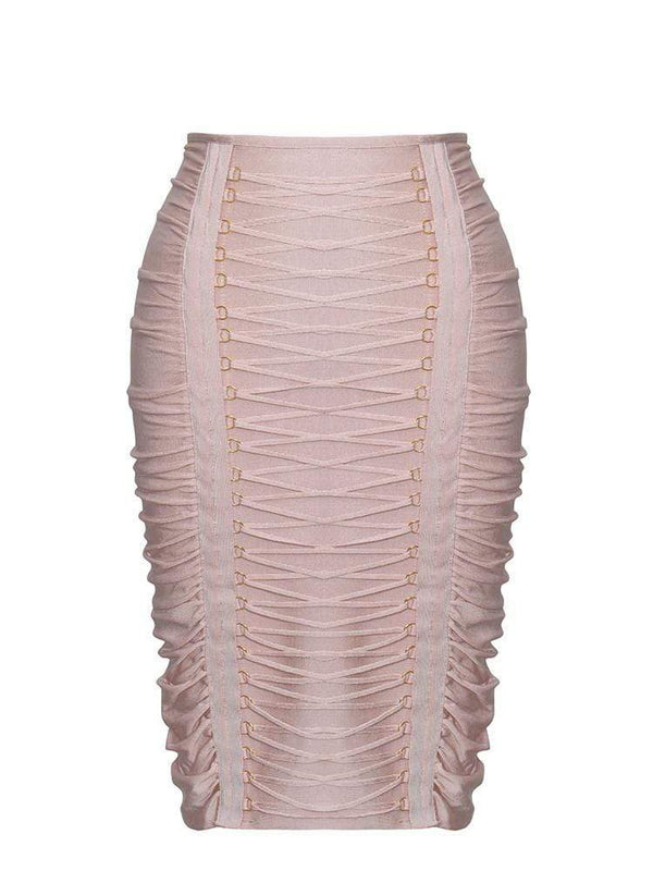 PIETRA BLUSH RUCHED SEMI SHEER BANDAGE PENCIL SKIRT