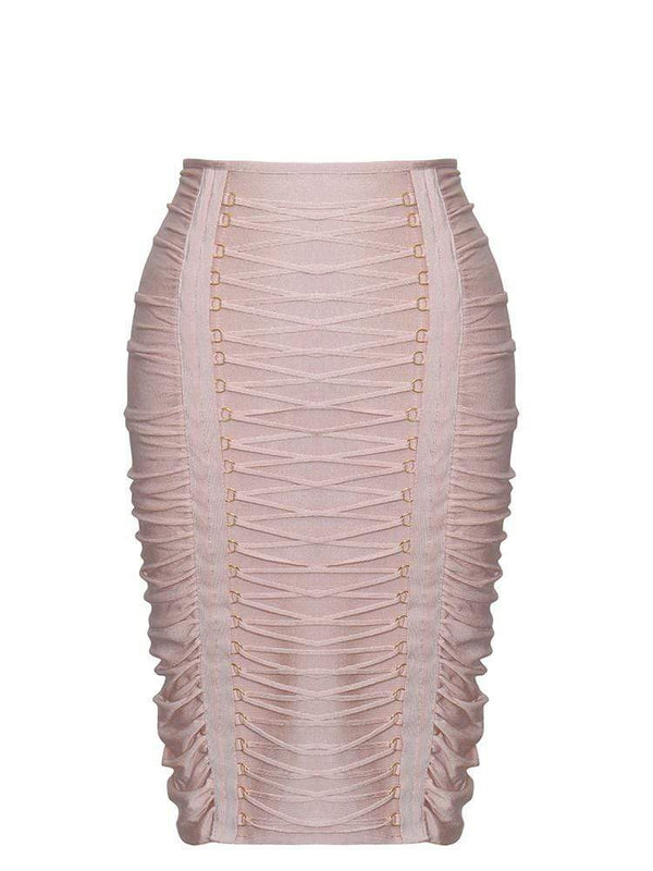 PIETRA BLUSH RUCHED SEMI SHEER BANDAGE PENCIL SKIRT