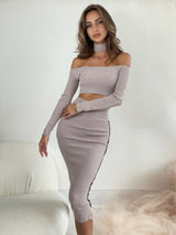 Kourt Latte Off The Shoulder Co-Ord Ribbed Skirt Set
