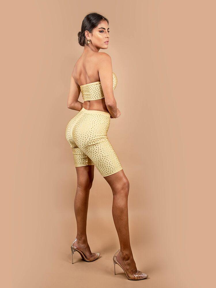 KIMI GOLD CRYSTALLISED BANDEAU  CYCLING SHORTS TWO PIECE SET - HOUSE OF MAGUIE     