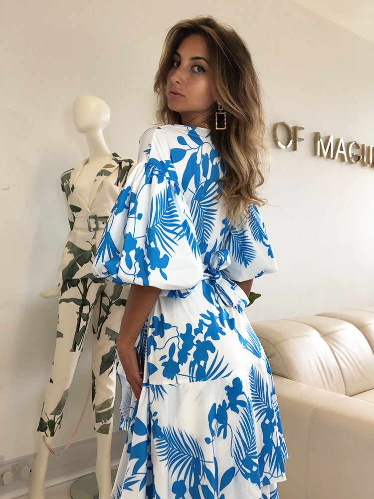 Nadine White & Blue Leaf Asian Print Puff Sleeves Wrap Maxi Dress ...
