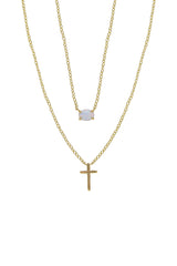 Modern Dainty Opal and Cross Layered Necklace