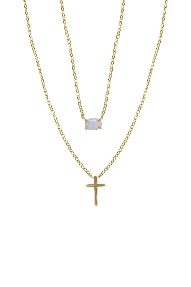Modern Dainty Opal and Cross Layered Necklace