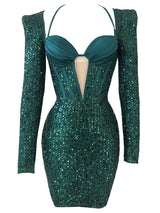 Own Him Emerald Green Bustier Long Sleeve Mini Sequin Party Dressing