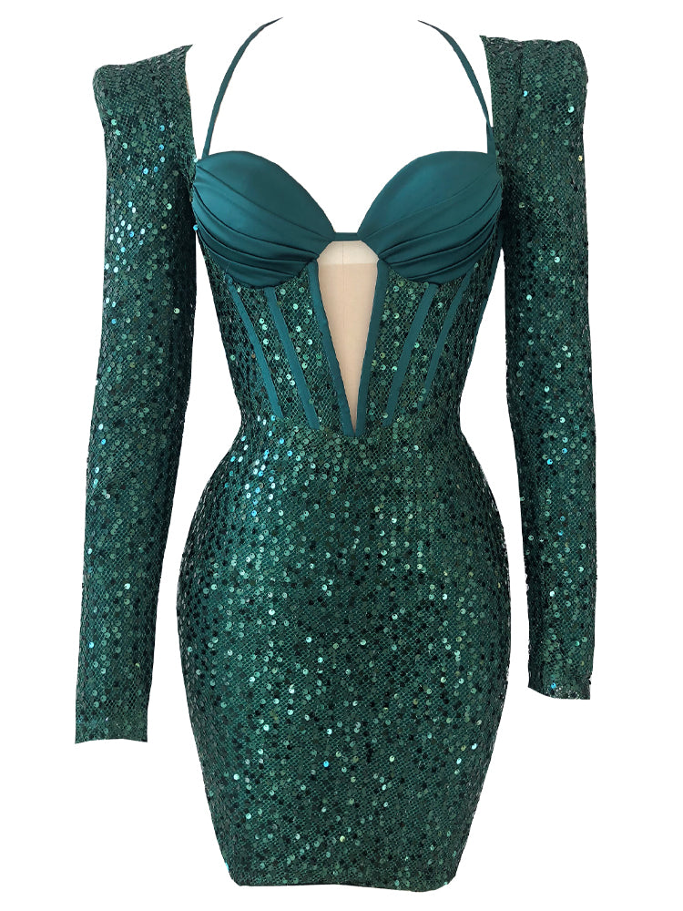 Own Him Emerald Green Bustier Long Sleeve Mini Sequin Party Dressing