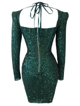 Own Him Emerald Green Bustier Long Sleeve Mini Sequin Party Dressing
