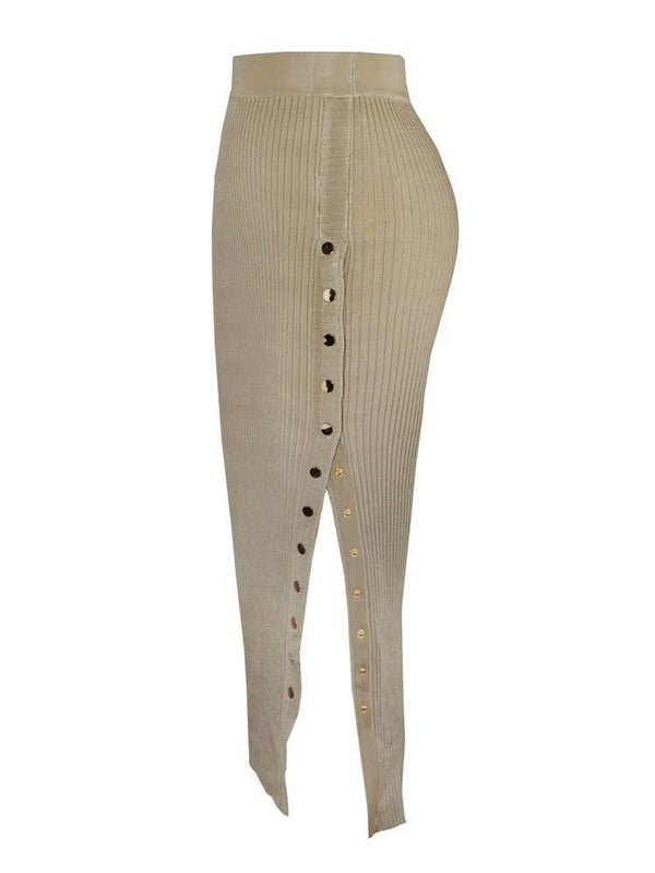 DASHA LATTE THIGH SPLIT BUTTONED RIBBED MID SKIRT - HOUSE OF MAGUIE     