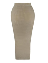 DASHA LATTE THIGH SPLIT BUTTONED RIBBED MID SKIRT - HOUSE OF MAGUIE     