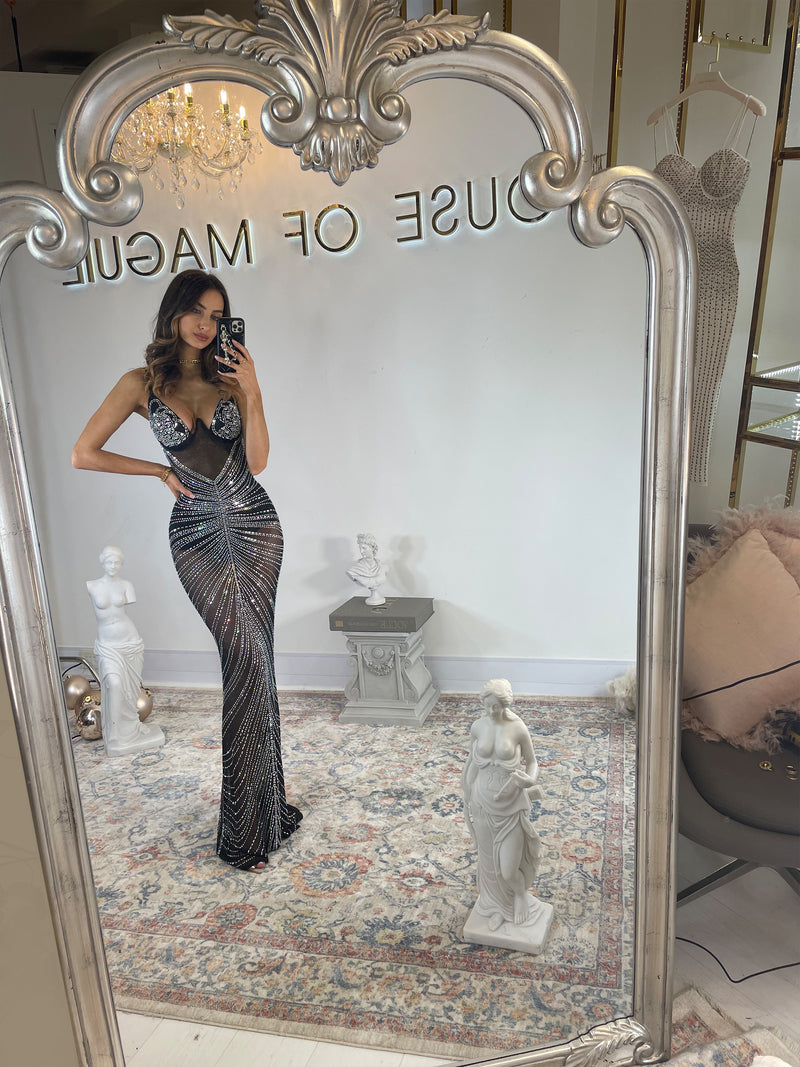 Forever Glam Black Embellished Rhinestones Party Dress Gown