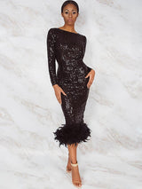 CONSTANZA SEASON II BLACK NOIR EMBROIDERY SEQUINS OPEN BACK FEATHER HEM MIDI DRESS LIMITED EDIT - HOUSE OF MAGUIE     