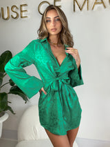 Raven Emerald Green Jacquard Satin Wrap Dress