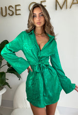 Raven Emerald Green Jacquard Satin Wrap Dress