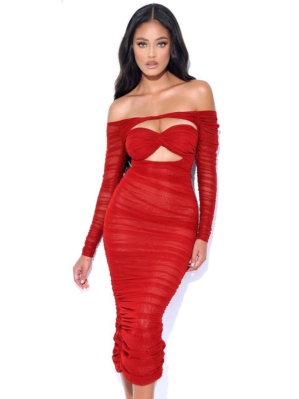 First Kiss Red Off The Shoulder Ruched Cut Out Midi Dress