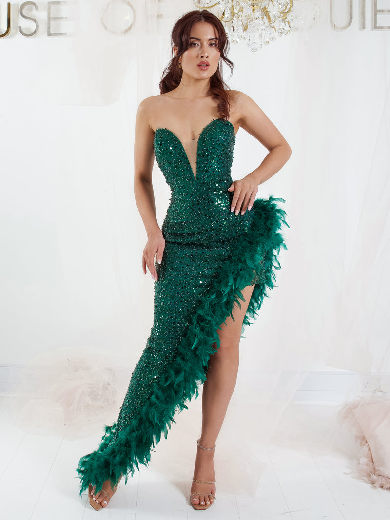 Let's Fiesta Emerald Green Asymmetrical Skirt Trimmed With Feathers Co HOUSE OF MAGUIE Let's Fiesta Emerald Green Asymmetrical Skirt Trimmed With Feathers Co HOUSE OF MAGUIE