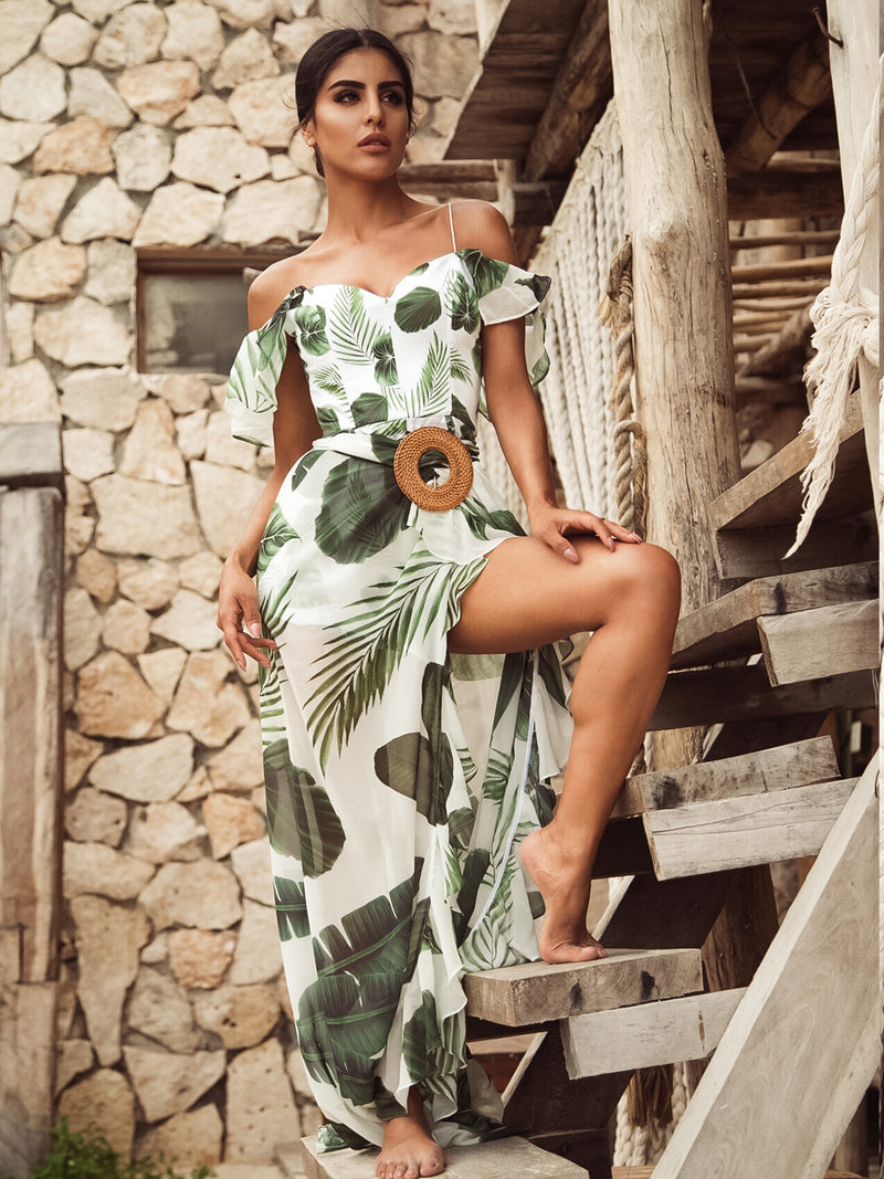 Moments In Tulum Tropical Print Wrap Over Straw Buckle Catsuit Dress HOUSE OF MAGUIE Moments In Tulum Tropical Print Wrap Over Straw Buckle Catsuit Dress HOUSE OF MAGUIE