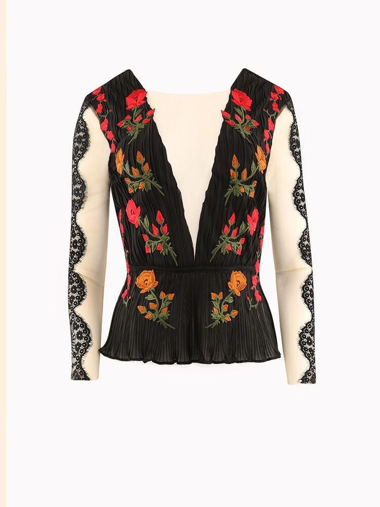 DONATELLA BLACK SHEER MESH  EMBROIDERY DEEP PLUNGE TOP - HOUSE OF MAGUIE     