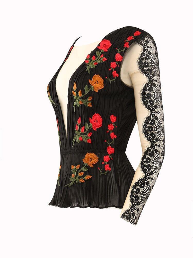DONATELLA BLACK SHEER MESH  EMBROIDERY DEEP PLUNGE TOP - HOUSE OF MAGUIE     