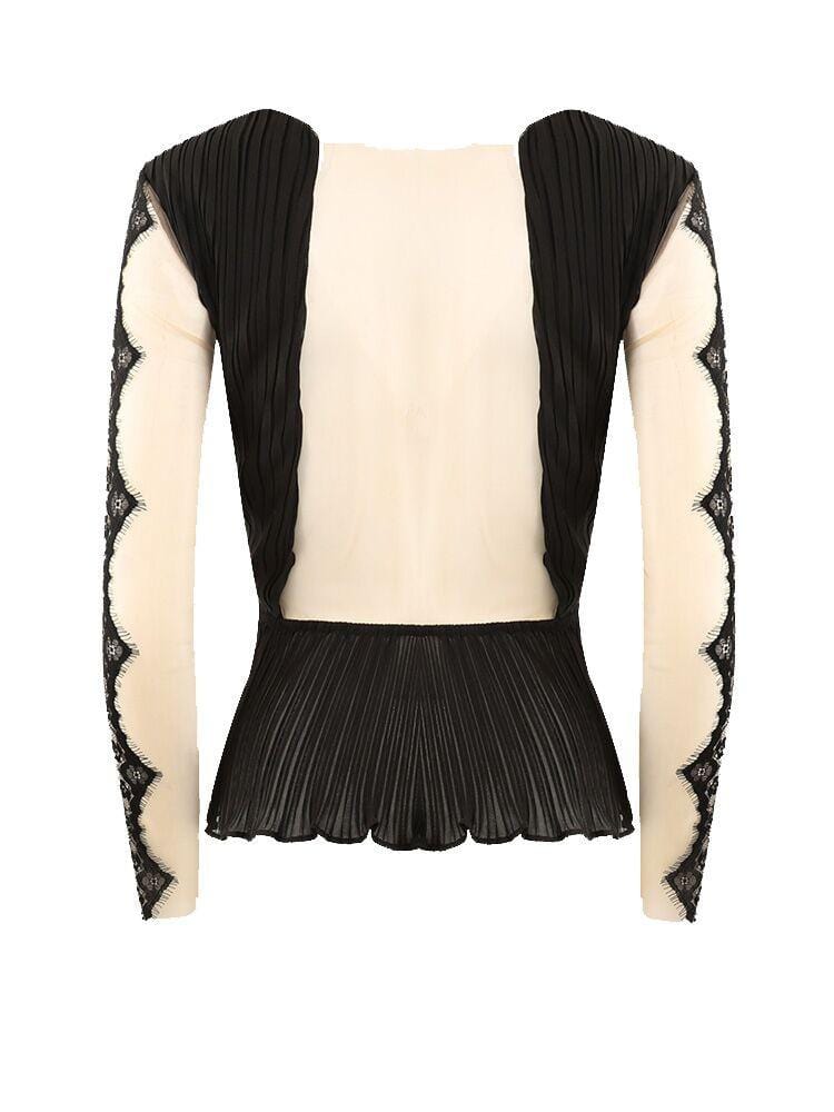 DONATELLA BLACK SHEER MESH  EMBROIDERY DEEP PLUNGE TOP - HOUSE OF MAGUIE     