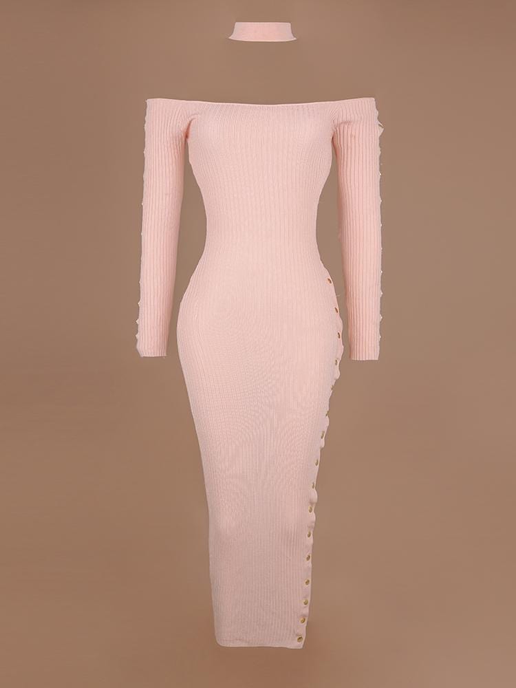 MALIKA PEACHY OFF SHOULDER CHOKER RIBBED SNAP DRESS - HOUSE OF MAGUIE     
