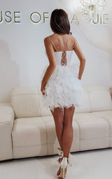 Love Me Forever White Embellished & Feathers Trimmed Open Back Bridal Party Mini Dress