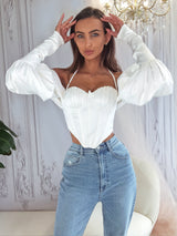 LONG SLEEVES  OFF THE SHOULDER  BUSTIER  CORSET  white crop top  satin top  CORSET TOP  party top  WHITE TOP  boufant sleeve top  TOPS  Puff Sleeves Top  summer top  CROP TOP  TOP  NEW TOPS  storeya  NEW  NEW ARRIVAL  NEW IN