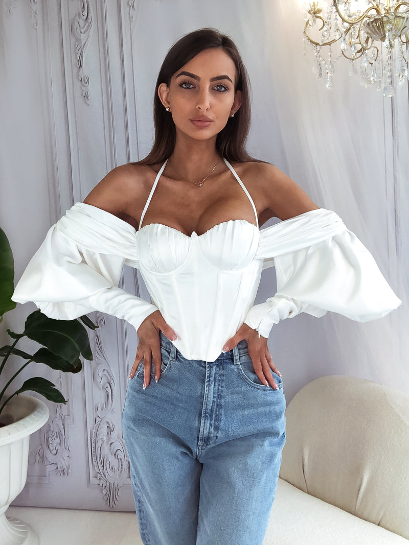 LONG SLEEVES  OFF THE SHOULDER  BUSTIER  CORSET  white crop top  satin top  CORSET TOP  party top  WHITE TOP  boufant sleeve top  TOPS  Puff Sleeves Top  summer top  CROP TOP  TOP  NEW TOPS  storeya  NEW  NEW ARRIVAL  NEW IN