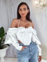 LONG SLEEVES  OFF THE SHOULDER  BUSTIER  CORSET  white crop top  satin top  CORSET TOP  party top  WHITE TOP  boufant sleeve top  TOPS  Puff Sleeves Top  summer top  CROP TOP  TOP  NEW TOPS  storeya  NEW  NEW ARRIVAL  NEW IN