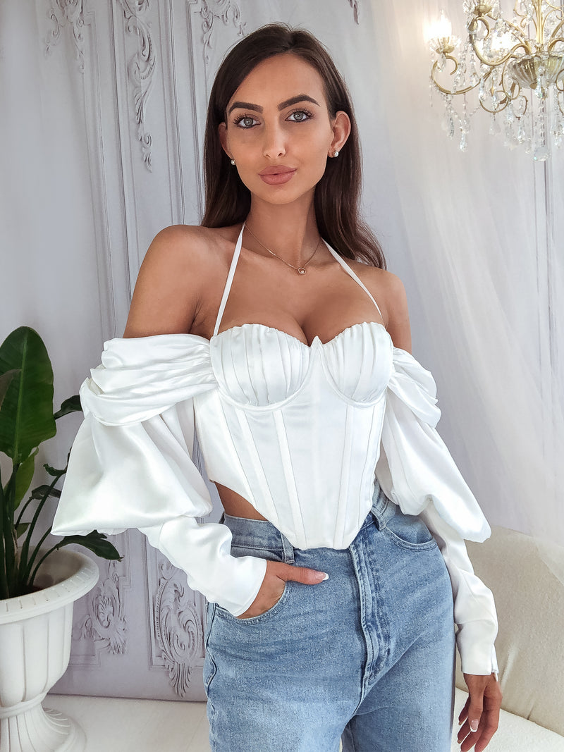 Heavenly Touch White Satin Corset Bustier Halter Neck Off-the-Shoulder Long  Sleeve Crop Top