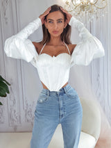 LONG SLEEVES  OFF THE SHOULDER  BUSTIER  CORSET  white crop top  satin top  CORSET TOP  party top  WHITE TOP  boufant sleeve top  TOPS  Puff Sleeves Top  summer top  CROP TOP  TOP  NEW TOPS  storeya  NEW  NEW ARRIVAL  NEW IN